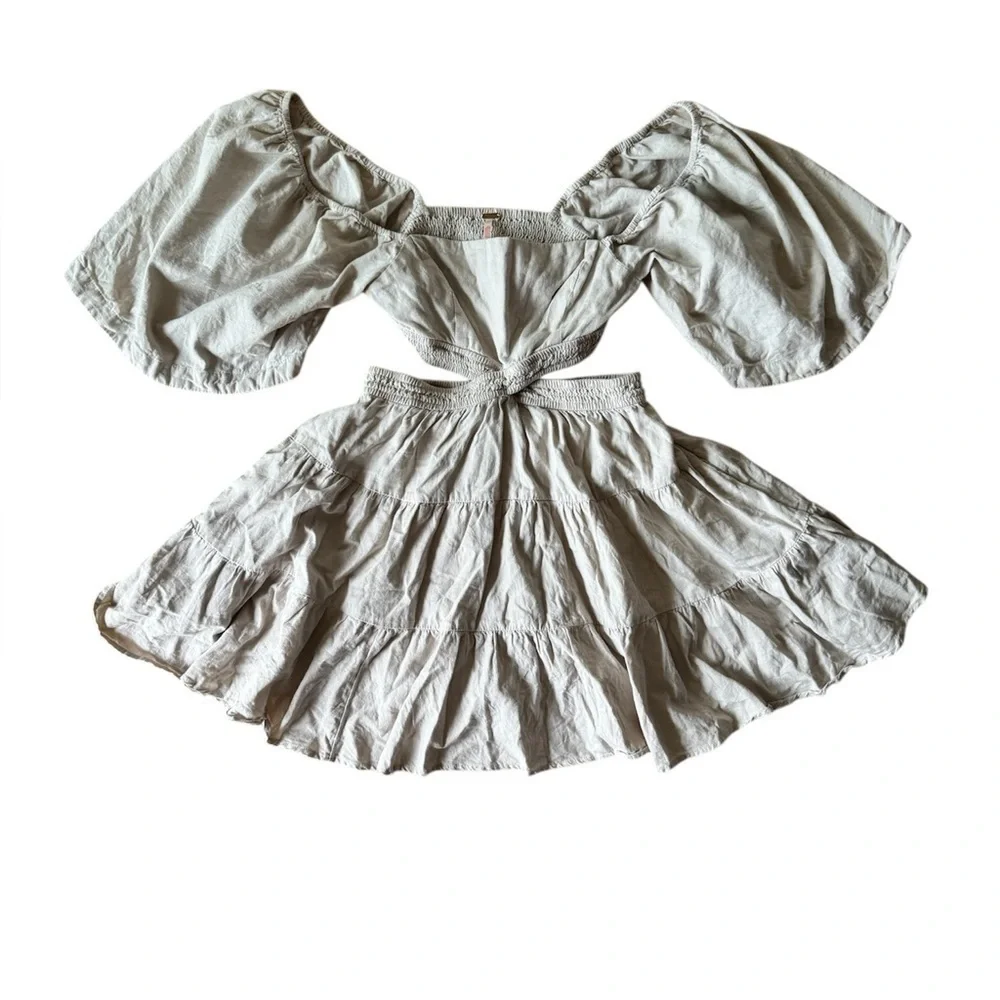 Free People XS Cross of Sunlight Dress Tan Oatmeal Mini Tiered Criss Cross Back